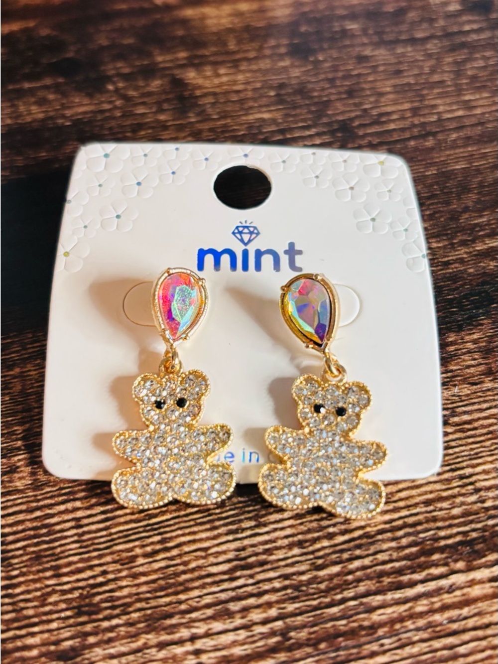 Gold‎ Tone Teddy Earrings with Iridescent Teardrops